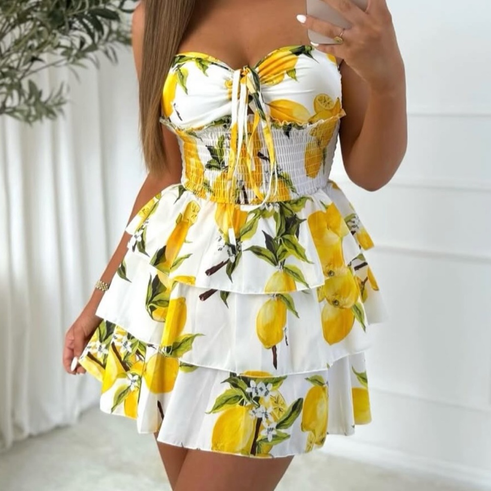 Strapless Lemon Mini Dress with Flared Ruffle Hem